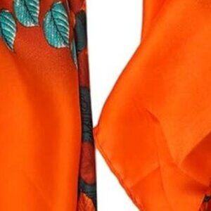 Women  Orange Teal/Leaves Mulberry Silk Shawl Lightweight Sunscreen Scarf